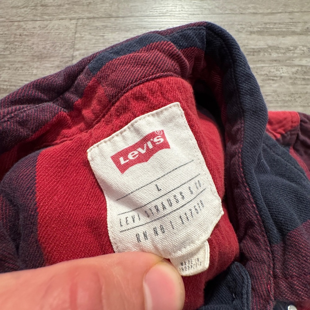 Levis Shirt Women Large Red Blue Cotton Buffalo Plaid Western Pearl Snap Rodeo - Picture 3 of 7